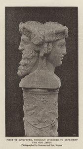 Skulpturstykke, sannsynligvis ment å representere guden Janus (s/hv-bilde)