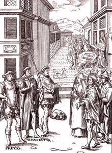 Byroperen blåser i trompeten av (after) Flemish School