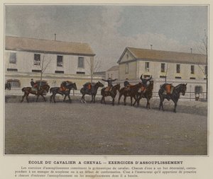 Rytterskolen til hest, tøyningsøvelser (farget bilde) av (after) French Photographer