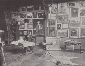 Den franske maleren Alfred Philippe Roll i atelieret hans (s/hv-bilde) av (after) French Photographer