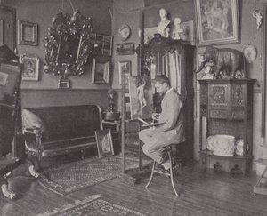 Den franske maleren Henri Gervex i atelieret hans (s/hv-bilde) av (after) French Photographer