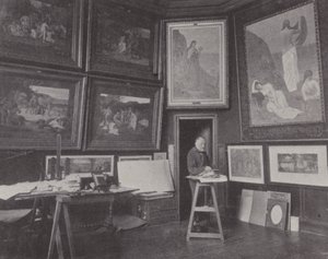 Den franske maleren Pierre Puvis de Chavannes i atelieret hans (s/hv-bilde) av (after) French Photographer