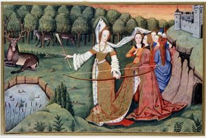 Diane (Artemis) - chromolithography from a 15th century illumination   1425502   no       norwegian Successfully Translated  Original: Fragment of Wall Decoration, c. 1940. Translat: Fragment of Wall Decoration, c. 1940. 1146373 no norwegian Successfully T av (after) French School