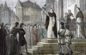 Representasjon av Albert den store (1193/1206-1280) som underviser i Paris, ved universitetet i Paris, ved det første dominikanske klosteret på Rue Saint Jacques (College des Jacobins) under autoritet av Gueric de Saint-Quentin) 1241-1245 ( Portrett av Alb av (after) French School