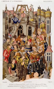 Scene av historien til Fort Roy de Clovis. Mysteriet fra det 15. århundre som representerer grunnlaget for kirken St. Peter og St. Paul, i dag Saint Genevieve. (fra) Malt lerret av byen Reims.
