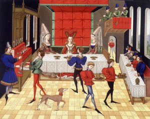 Bordservering i en chatelaine - faksimile av en miniatyr av Renaud de Montaubans romerske av (after) French School
