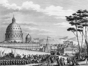 Fransk revolusjon: Franskmennenes triumferende inntog i Roma i Italia i februar 1798 ledet av general Louis Alexandre (Louis-Alexandre) Berthier som invaderte pavestatene og inntok byen Roma 11. februar