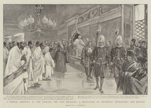 Et spesielt publikum i Vatikanet, paven som mottar en deputasjon av abessiniske misjonærer og innfødte (litho) av (after) Italian School