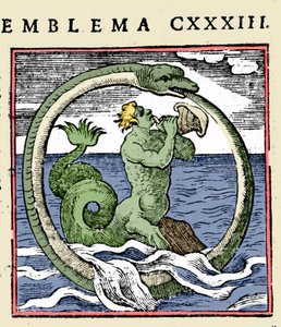 En triton og en ouroboros, illustrasjon "Emblems" (Emblemer av heftet) av Andrea Alciati (farge litho)