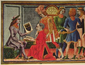 Keiser Frederick III mottar astronomen Giovanni Bianchinis bok "Tablets of Astrology" (farge litho)