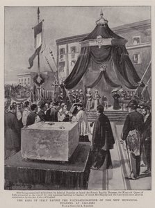 Kongen av Italia legger grunnsteinen til den nye kommunale bygningen i Cagliari (litho) av (after) Italian School