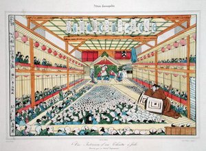 Interiør i et teater i Jedo, gravert av Jaime (farge litho)