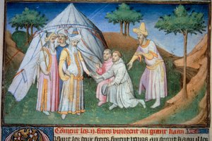Brødrene Nicolo og Matteo Polo, far og onkel til den unge Marco Polo (1254-1324) ble mottatt i hoffet til Grand Qubilai (Kubilai Khan, første keiser av det mongolske Yuan-dynastiet (1215-1294), mongolsk keiser i 1271» . Miniatyr hentet fra "