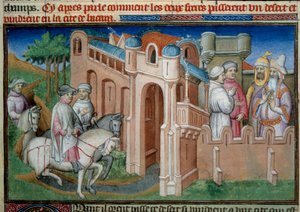 Brødrene Nicolo og Matteo Polo, onkel og far til Marco Polo (1254-1324) ankommer Bukhara, Usbekistan. Miniatyr hentet fra "" The Book of Wonders""" ("" Devisement du monde", "" Il Milione") av Marco Polo (1254-1324) illustrert av Mesteren av Bouci