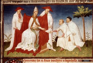 Brødrene Nicolo og Matteo Polo, onkel og far til Marco Polo (1254-1324) overrakte til pave Gregoire X et brev fra Qubilai (Kubilai Khan, første keiser av det mongolske Yuan-dynastiet (1215-1294) Miniatyr hentet fra "" The Book of Wonders””” (“World Devise