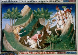 Utvinning av rubiner fra fjellet Sighinan etter ordre fra kongen av Badakhchan (regionen i Persia) Miniatyr hentet fra "" The Book of Wonders""" ("" Devisement of the World""", "" Il Milione") av Marco Polo (1254-1324) illustrert av Mesteren i