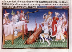 Begravelsesseremoni i den kinesiske provinsen Tangut (Gansu): kremasjonsscene Miniatyr i "" The Book of Wonders""" ("" Devisement of the World"", "" Il Milione") manuskript fr.2810 (folio 23) belyst av Master of Boucicaut og skrevet av Marco Polo
