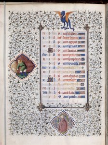 Manuskriptsiden "" Les Tres Riches Hours du Duke Francois de Guise""" dekorerer tegn på dyrekretsen og representasjon av landbruksarbeid, innhøstingen. Miniatyr av Mesteren av Boucicaut av (and workshop) Boucicaut Master