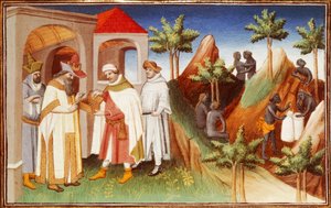 Mr Fr 2810 f.83r, King of Lar kjøper perler, miniatyr fra 