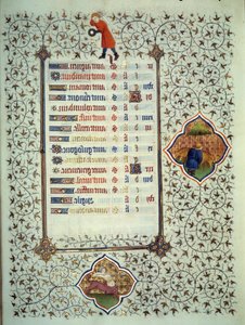 Side av manuskriptet "" Les Tres Riches Hours du Duke Francois de Guise"" opplyst av Mesteren av Boucicaut: representasjon av stjernetegnene og scener i dagliglivet: Skytten og en betail-oppdretter. 1400-tallet. Musee Conde, Chantil av (and workshop) Boucicaut Master