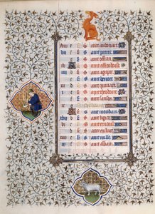 Side av manuskriptet "" Les Tres Riches Hours du Duke Francois de Guise"" opplyst av Mesteren av Boucicaut: representasjon av stjernetegnene og scener i dagliglivet: belieren og en mann som klipper kurv. 1400-tallet. Musee Conde, Chantilly av (and workshop) Boucicaut Master