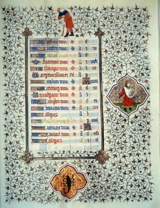 Side av manuskriptet "" Les Tres Riches Hours du Duke Francois de Guise"" opplyst av Mesteren av Boucicaut: representasjon av stjernetegn og scener i hverdagen: skorpion og planting. 1400-tallet. Musee Conde, Chantilly av (and workshop) Boucicaut Master