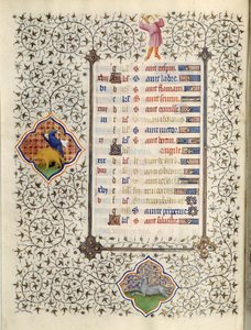 Side av manuskriptet "" Les Tres Riches Hours du Duke Francois de Guise"" opplyst av Mesteren av Boucicaut: representasjon av stjernetegnene og scener i dagliglivet: Steinbukken og jakten på villsvin. 1400-tallet. Musee Conde, C av (and workshop) Boucicaut Master