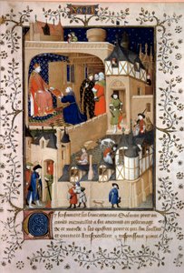 Den politiske eventyreren Peter the Fruitier dit Salmon tilbyr sitt manuskript til kong Charles VI (1368-1422). Miniatyr fra "Answers a Charles VI et Lamentations" av Pierre Salmon opplyst av verkstedet til Maitre de Boucicaut (1400-tallet) 1409 P