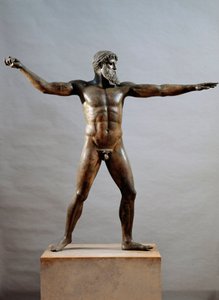 Gresk kunst: bronsestatue kalt guden for Cape Artemision tilskrevet billedhuggeren Kalamis (5. århundre f.Kr.), 460 f.Kr., Dim. 209 cm - Athen, Nasjonalt arkeologisk museum (inv. 15161) - Gresk sivilisasjon: statue (ofte kalt Gud fra havet) av Zevs eller P av (attr. to) Kalamis