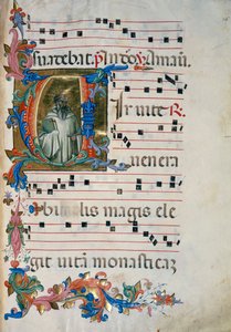 Opplyst initial med figuren San Romualdo (Corale 8, ca. 76), for korbok 8 av Santa Maria degli Angeli