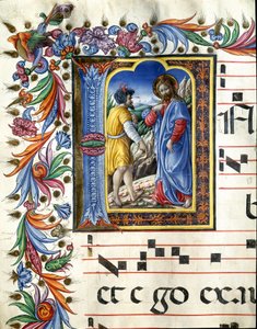 Decoree lettrine som viser fristelsen til Kristus Miniatyr av Liberale da Verona (1445-1529) fra et kor (Cod. 20/5. c.45v) fra katedralen i Siena. Cathedrale (Duomo) fra 1400-tallet i Siena, Italia av (c.1445 1527) Liberale da Verona
