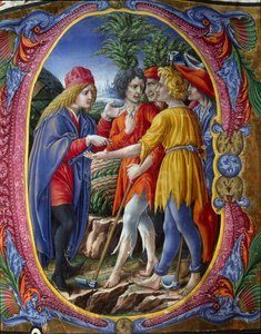 Decoree lettrine som representerer lignelsen om morderiske vinmakere (Evangeliet ifølge St. Matteus 21, 33-43) (The Parable of the Tenants) Miniatyr av Liberale da Verona (1445-1529) fra et kor (Cod. 20/5. c. 2.) fra katedralen i Siena. 1400-tallet av (c.1445 1527) Liberale da Verona