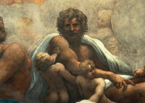 Visjon av St John Evangelist på Patmos, Kristi himmelfart blant apostler, eller Kristus i herlighet av Antonio Allegri, kjent som Correggio (1489-ca 1534), freskomaleri, 966x888 cm diameter ved bunnen, detalj, Church of St John Evangelist, kuppel, Parma