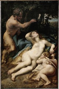 Jupiter og Antiope (eller Venus med amor og en satyr) (olje på lerret