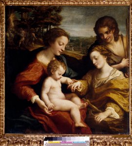 Det mystiske ekteskapet til den hellige Katarina av Alexandria med den hellige Sebastian-maleri av Antonio Allegri (dit Correggio eller Le Correge 1489-1534) Søn fra 1500-tallet. 1,05x1,02 m Paris, Musée du Louvre.
