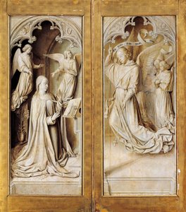 Kunngjøring i grisaille (monokromatisk grå), ytre vinger av triptykaltertavle (ca 1489-1502) av Master of Moulins, i katedralen i Notre-Dame, Moulins, Frankrike. av (fl.c.1483 c.1529) Master of Moulins