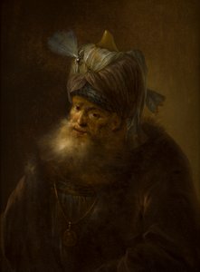 Portrett av en mann i en turban (olje på lerret) av (follower of) Rembrandt Harmensz. van Rijn