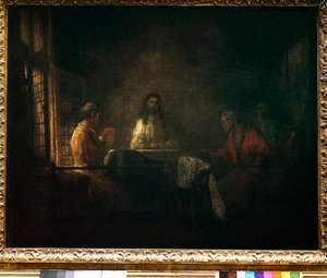 Pilegrimene til Emmaus Kristus viser seg for pilegrimene som sitter ved et bord i et vertshus i Emmaus. Maleri av verkstedet til Harmensz van Rijn dit Rembrandt (1606-1669) av studio of Rembrandt Harmensz. van Rijn