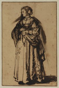 Kunstnerens kone, Saskia, står og holder blomster i hendene av (workshop of) Rembrandt Harmensz. van Rijn