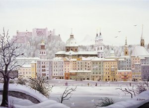 Salzburgs gamleby med festning om vinteren
