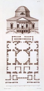 Plan og høyde av Chiswick House, trykk laget av Herisset, ca. 1720-tallet av 3rd Earl of Burlington