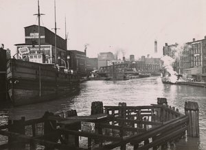 Utsikt over Rush St. Bridge og Kirks Soap Factory, 1894 av A.C. Christensen