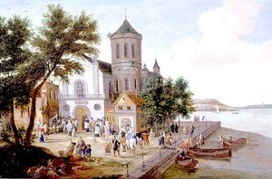 Kystlandskap med figurer på et kirketorg av A.F. and Bouts P. Boudewyns