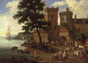 Fiskere som losser fangsten, og herrer som drar fra en herregård av A.F. and Bouts P. Boudewyns