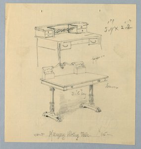 Design og skisse for "Mahogni Writing Table"