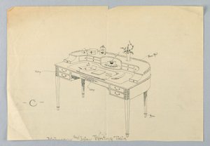 Design for halvsirkulært skrivebord "C" med messingføtter og messingrekkverk