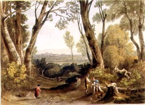 Hereford, fra Dynedor Hill, gravert av Theodore H. A. Fielding (1781-1851), pub. i "Pitorsk utsikt over elven Wye" av A.V. Copley (after) Fielding