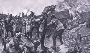 Ødeleggelsen av toget nær Taaibosch, fra After Pretoria: The Guerilla War utgitt av Harmsworth Bros Limited, 1901