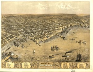 Fugleperspektiv av byen Muskegon, Muskegon Co., Michigan 1868.