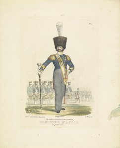 Trommemajor i full uniform Trommemajor i full uniform, 1820-1825 nederlandsk infanteri. Trommemajor i flott antrekk (tittel på objekt) Militære kostymer fra kongeriket Nederland. Dedikert til Hans Eksellens Willem van Bylandt (seri